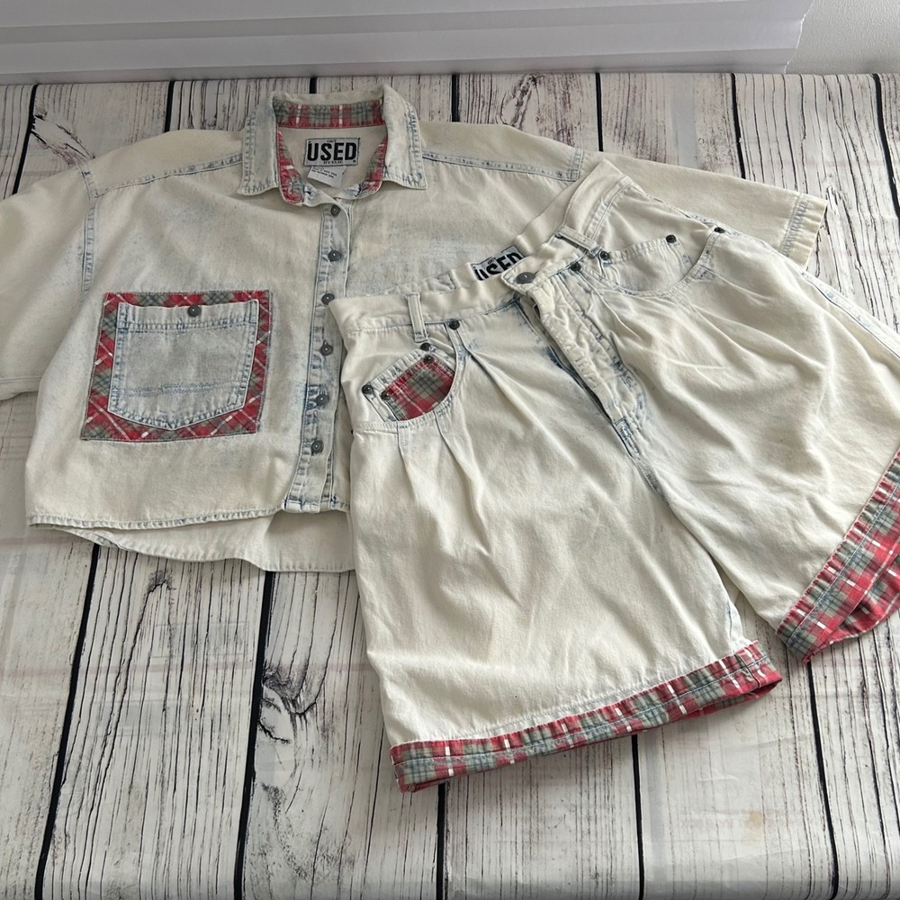 Vintage 90s Get Used by Elie Acid Wash Denim Plaid Trim Crop Top Shorts Set M 28